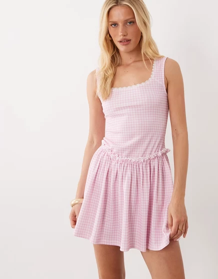 Женское мини-платье Miss Selfridge с квадратным вырезом, в розово-белую клетку