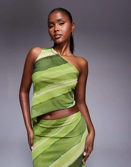 Асимметричный топ на одно плечо из сетчатой ткани ASOS DESIGN с зеленым абстрактным принтом - часть комплекта green abstract print