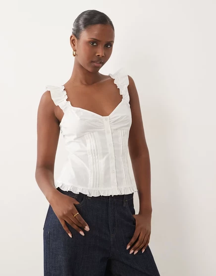 Блузка с корсетом из плотного хлопка Gina Tricot без рукавов белого цвета white