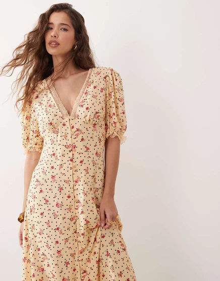Макси-платье Miss Selfridge с кружевной отделкой и пуговицами желтого цвета с принтом 