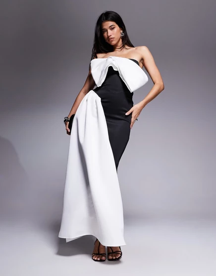 Макси-платье ASOS DESIGN premium scuba с открытыми плечами и контрастным поясом черного цвета black