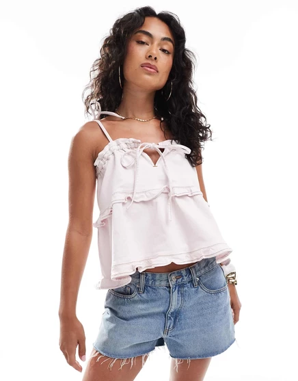 Джинсовый топ-качалка Miss Selfridge с оборками светло-розового цвета, постиранный pink wash