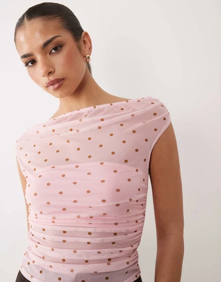Женский топ ASOS Design с открытыми плечами из сетки, розовый в горох