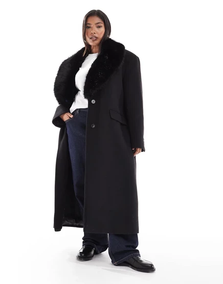 Черное пальто из смеси шерсти с воротником из искусственного меха ASOS DESIGN Curve  black