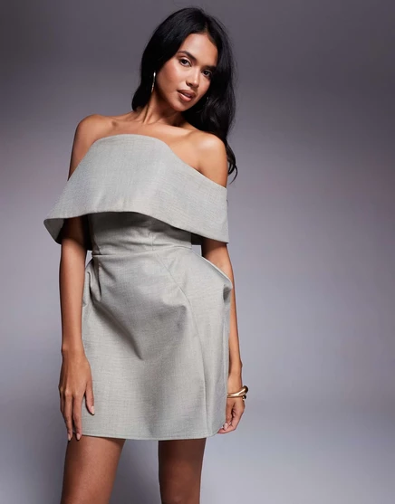 Дизайнерское структурированное мини-платье ASOS с глубоким вырезом на плечах и угловатой юбкой из камня stone
