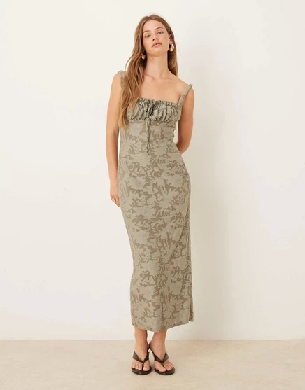  Платье миди ASOS DESIGN цвета хаки с корсетом и сборками на груди  khaki