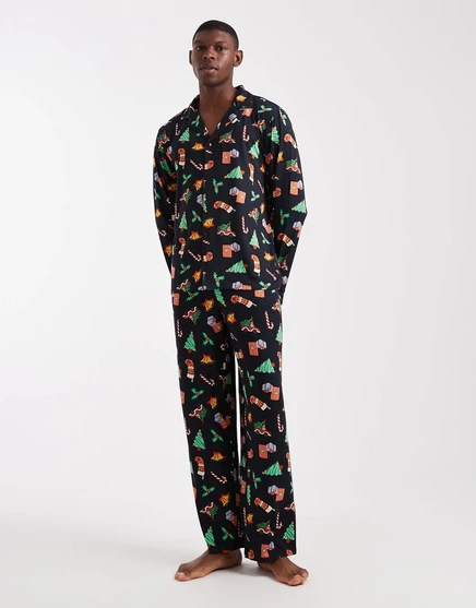 Пижамный комплект Urban Threads revere с длинными рукавами и брюками в стиле рождественских украшений multi