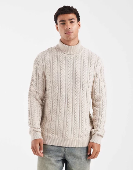 Свитер Jack &Jones премиум-класса из кабельной вязки с черепашьим вырезом бежевого цвета silver lining