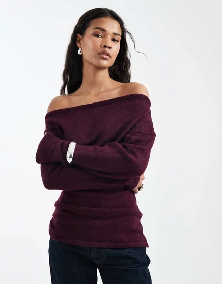 Дизайнерский вязаный свитер ASOS с рюшами на одном плече сливового цвета plum
