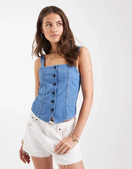 Джинсовый топ с корсетом Miss Selfridge темно-синего цвета mid wash