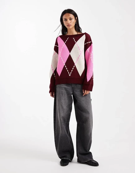 Розовый свитер Miss Selfridge крупной вязки из аргайла pink argyle