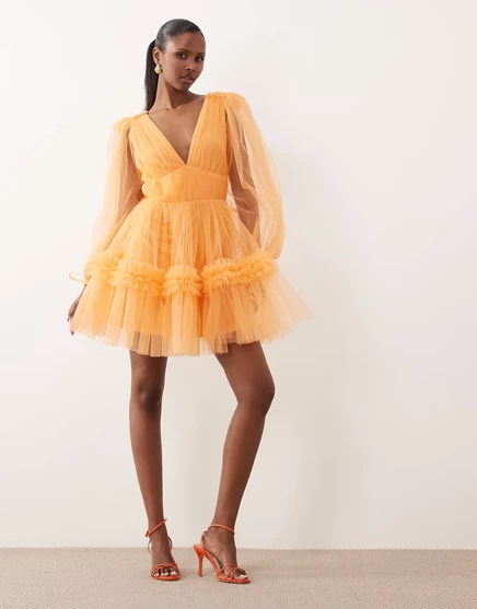 Женское мини-платье Lace & Beads органза, V-вырез, оранжевое