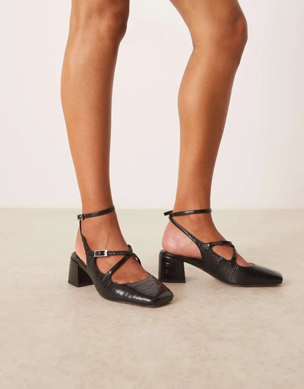 Туфли ASOS DESIGN Simone Wide Fit с пряжкой на ремешке и средним каблуком черного цвета black croc