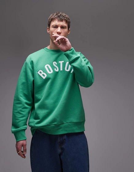 Толстовка Topman oversize fit с вышивкой из бостонской синели зеленого цвета green