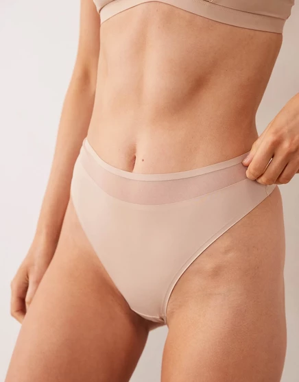 Стринги ASOS DESIGN Ella из микрофибры с высокой талией и сетчатыми деталями бежевого цвета beige