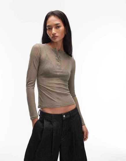 Прозрачный топ в рубчик с длинными рукавами от ASOS DESIGN цвета хаки khaki