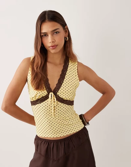 Женская майка Miss Selfridge с бантом, желтая в горошек