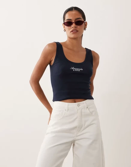 Женская майка Abercrombie & Fitch с вышитым логотипом, темно-синяя