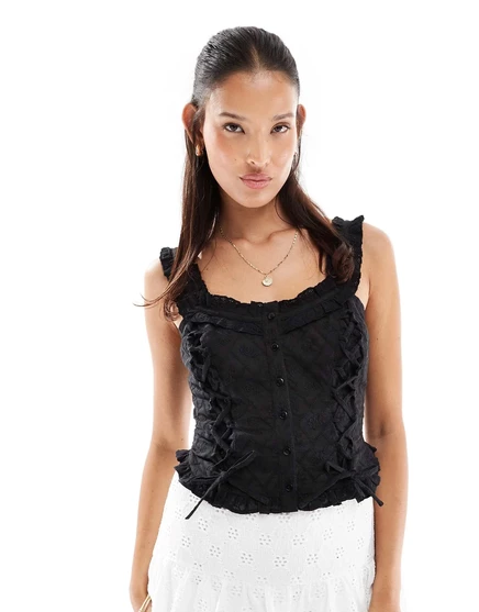 Корсетный топ Miss Selfridge из хлопка с петельками черного цвета black