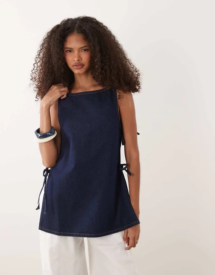 Женский джинсовый удлиненный топ ASOS Design с боковыми завязками, индиго