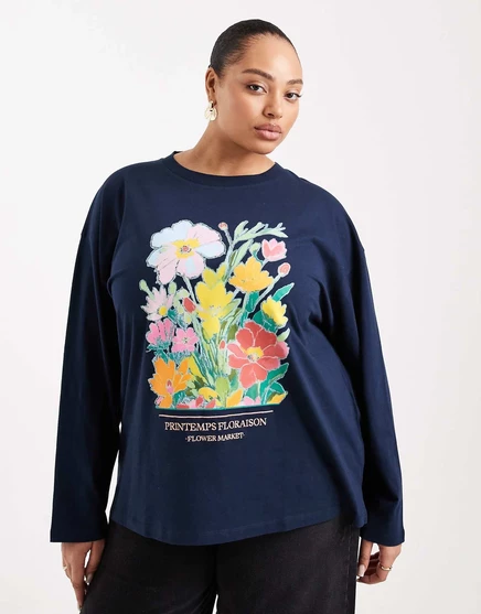 Футболка ASOS DESIGN Curve с длинным рукавом и цветочным рисунком темно-синего цвета