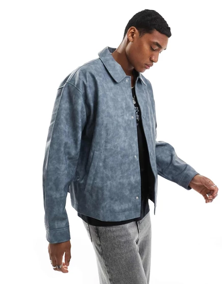 Стиранная куртка harington из искусственной кожи оверсайз от ASOS DESIGN синего цвета blue