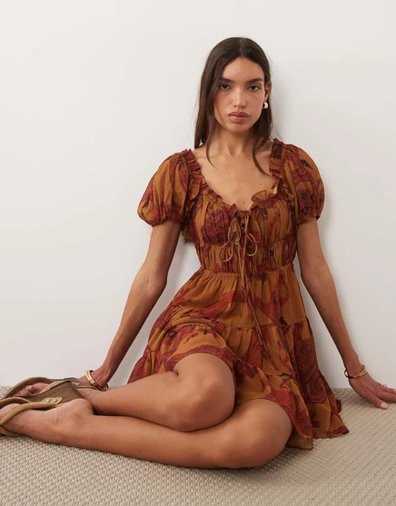 ДИЗАЙНЕРСКОЕ мини-платье ASOS в стиле бохо с пышными рукавами и рюшами в стиле rust paisley от rust paisley