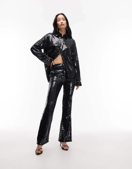 Расклешенные брюки премиум-класса с блестками от ASOS DESIGN темно-синего цвета  navy