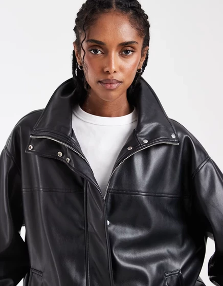 Спортивная куртка-бомбер из чистой кожи ASOS DESIGN черного цвета в виде воронки black