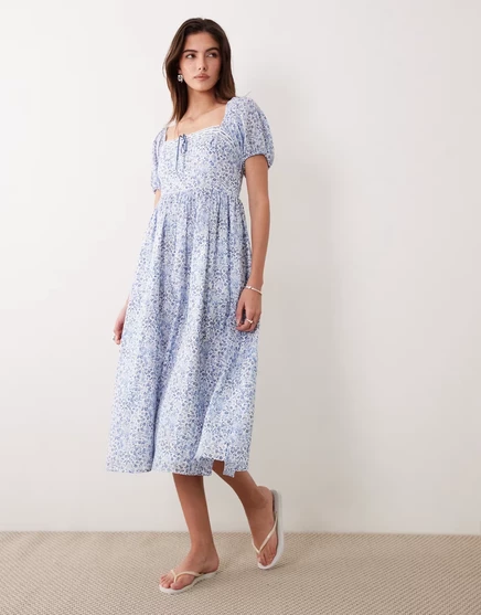 Макси-платье Abercrombie &amp Fitch milkmaid синего цвета с цветочным принтом blue print
