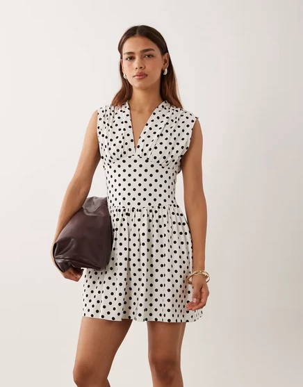 Женское платье ASOS Design мини с кулиской, белое в черный горох