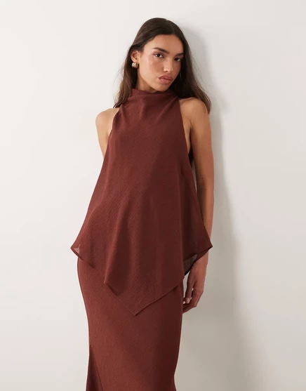Женское платье макси ASOS Design шифоновое с высоким воротом, шоколадное