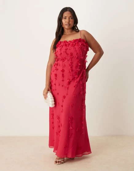 Макси-платье ASOS DESIGN Curve с 3D цветочными бретельками на бретельках розового цвета pink