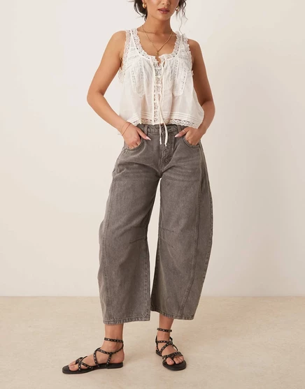 Джинсы-бочкообразки Free People good luck средней посадки архивного серого цвета gray