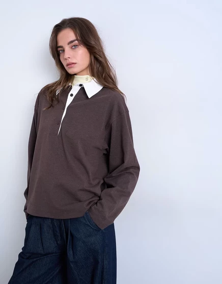 Женское поло Topshop Rugby с длинными рукавами, шоколадное