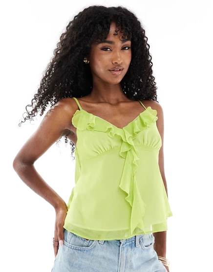 Шифоновый топ на бретелях с оборками Miss Selfridge цвета лайма lime