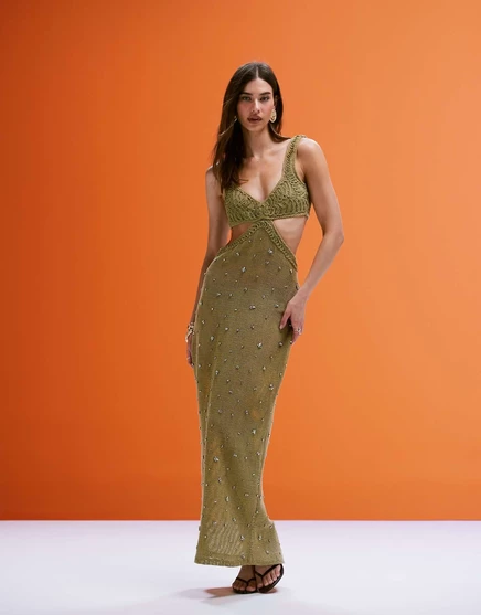 Миди-платье ASOS DESIGN с отделкой из шнура на груди светлого цвета хаки khaki
