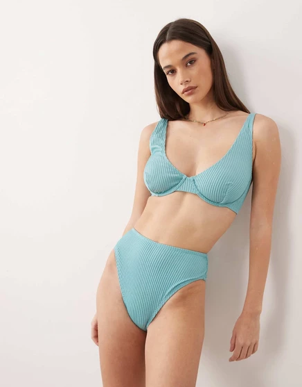 Плавки-бикини ASOS DESIGN из вязаного трикотажа в рубчик с блестками на Азорских островах с высокими штанинами и завышенной талией цвета морской волны aqua