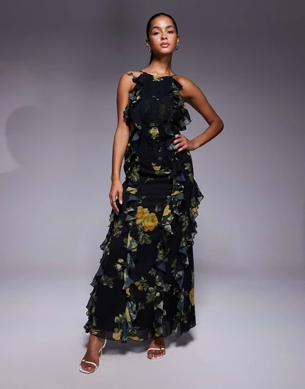 Макси-платье с оборками и цветочным принтом ASOS DESIGN, отделанное лесенкой floral print