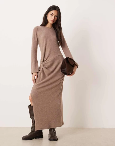 ДИЗАЙН ASOS - уютное платье миди с закручивающимися рукавами в рубчик светло-коричневого цвета light brown