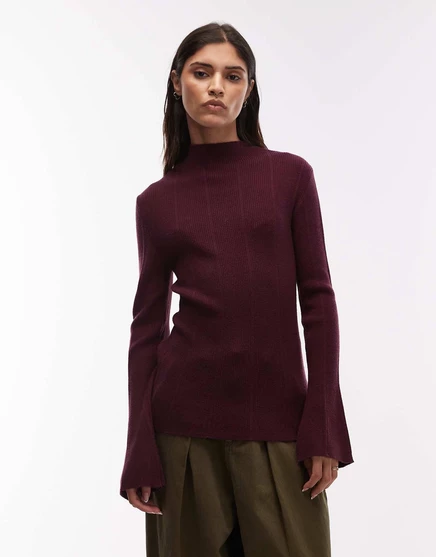 ДИЗАЙНЕРСКИЙ трикотажный супермягкий топ ASOS с расклешенным рукавом винного цвета wine