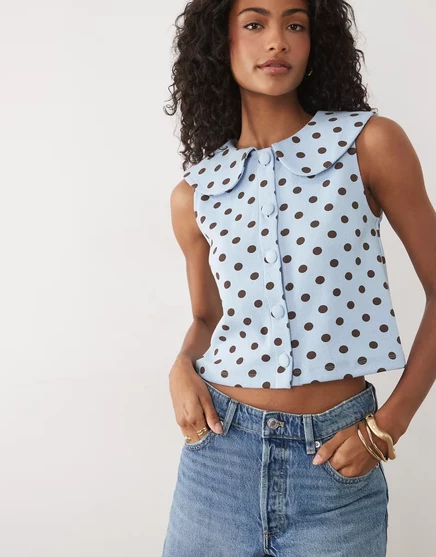 Женский топ Miss Selfridge, воротник Питер Пэн, синий горох