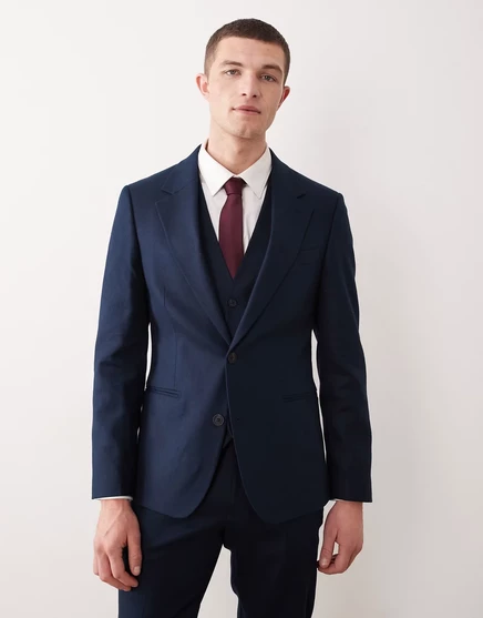 ДИЗАЙНЕРСКИЙ льняной пиджак-скинни насыщенного цвета от ASOS темно-синего цвета