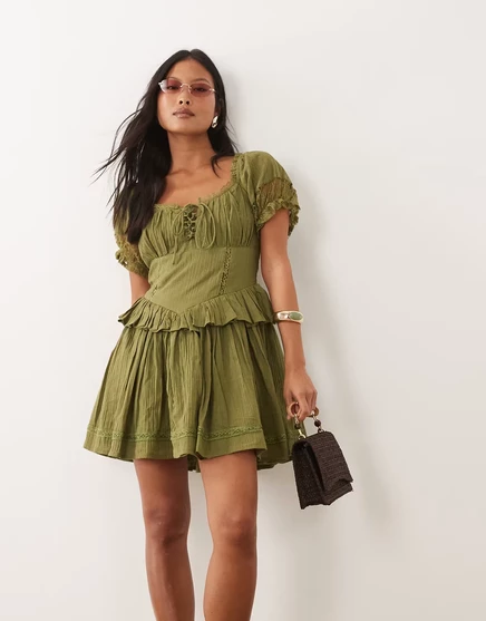 Женское платье Miss Selfridge Petite из муслина с кружевом, оливковое