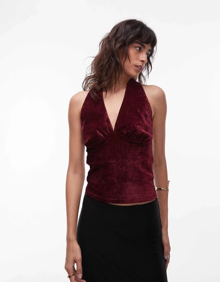 ДИЗАЙНЕРСКИЙ велюровый топ на бретелях ASOS бордового цвета burgundy