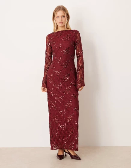 Женское платье макси ASOS Design кружевное с пайетками и длинными рукавами, бордовое