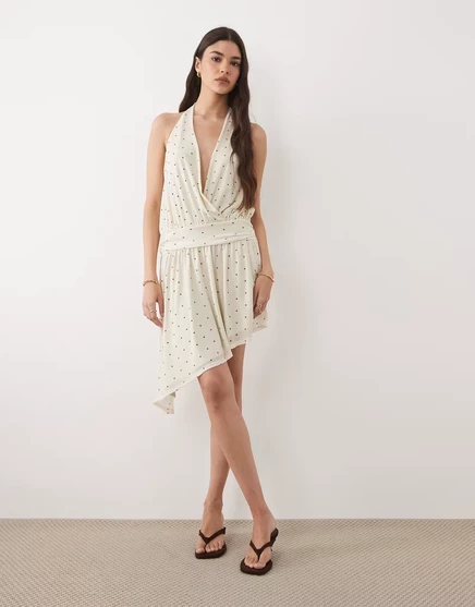 Женское мини-платье Miss Selfridge заниженная талия, кремовое в горох