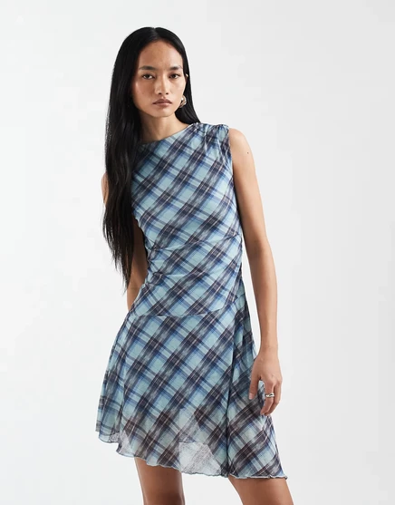 Женское мини-платье Cotton On с асимметричным подолом, синяя клетка