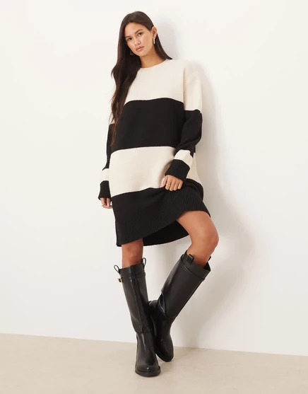 Трикотажное мини-платье Vila color blocking черного и кремового цветов     black white stripe