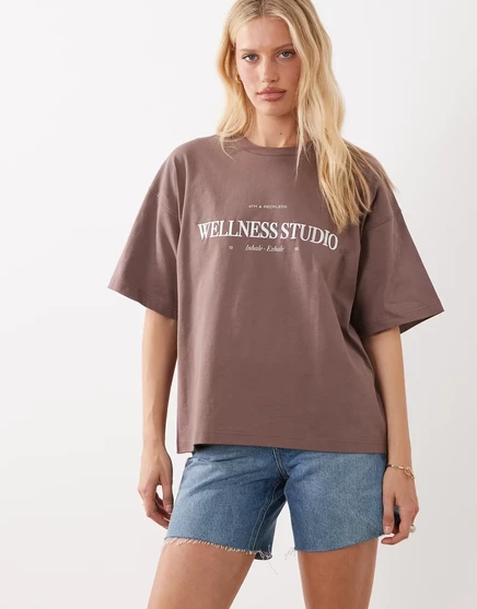 вышитая футболка оверсайз от 4th &amp Reckless cotton wellness studio коричневого цвета